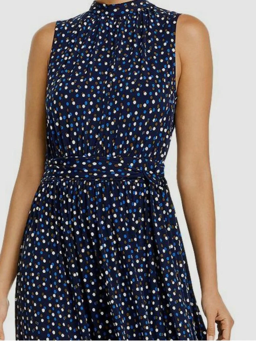 Brand New-Leota Women Blue Mindy Shirred Dot Mock-Neck Waist-Tie Midi Dress